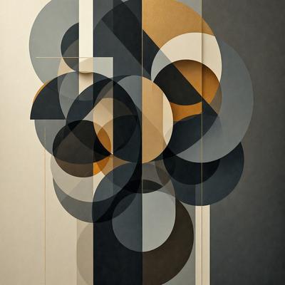 The primary subject of the image is a large, abstract artwork featuring a combination of black, white, and gold colors. The artwork is displayed on a wall, and it appears to be a modern, geometric design. The setting is indoors, with the artwork being the main focus of the scene. The visual style of the image is a mix of digital art and illustration, creating a unique and eye-catching piece of art. The dominant colors in the artwork are black, white, and gold, which contribute to